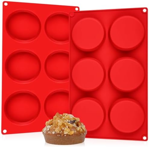 CAKETIME Muffin Top Pan, Silicone Egg Molds for Breakfast Sandwiches 3 Inch Round Egg Baking Pan for Oven English muffins, Whoopie Pies, Corn Bread, bites, Tarts 2 Pack Red