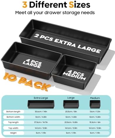 10 Pack Large Size Plastic Drawer Organizers Set, 3 Sizes Desk Drawer Organizer Trays, Storage Bins for Vanity, Makeup, Bathroom, Kitchen Utensils and Office (Black)