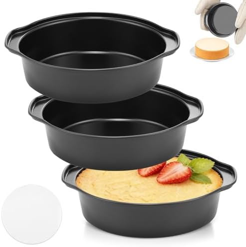 6 Inch Cake Pan - 3PCS Carbon Steel Round Cake Pans with 100 Pieces Parchment Paper, Non-stick & Easy Demolding, Non-toxic & Healthy