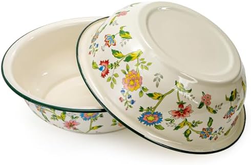 Lawei 2 Pack Vintage Enamel Mixing Bowls, 11.8 Inch Primitive Enamelware Basin for Fruit, Salad, Pasta, Dough Making, 3.6 Quart Enamel Washing Bowl Serving Tray for Camping, Kitchen, Farmhouse Decor