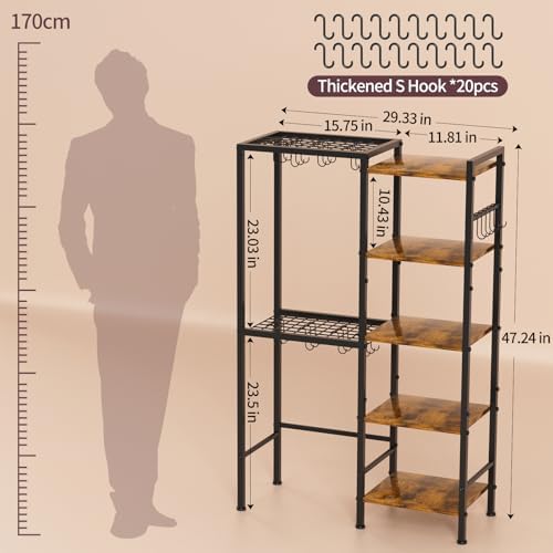 5-Tier Pot and Pan Organizer Rack with Hooks, Heavy-Duty Kitchen Storage Shelf for Cookware, Dishes, and Utensils, Freestanding Metal Pot Rack Organizer for Kitchen, Pantry, or Dining Room