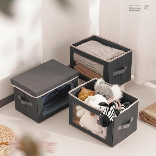 Homsorout Stackable Storage Bins with Lids - Medium Storage Box with Lids, Foldable Closet Boxes for Organizing, Wardrobe Clothes Organizer with Window, Cubes Bins for Living Room, 4 Pack, Dark Grey