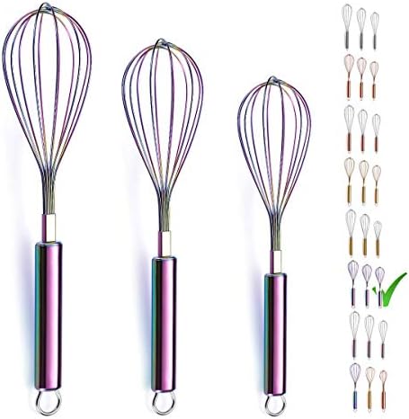 Berglander Rainbow Whisk Pack of 3 Stainless Steel 8",10",12", Titianium Plating Colorful Whisk for Cooking, Beater,Wire Whisk Set Kitchen Wisk (Rainbow)