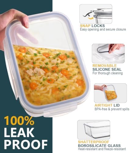 Large Glass Food Storage Containers with Lids, 2 Pack, 8 Cups/ 63oz