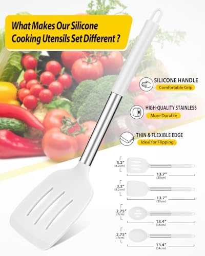 Pack of 4 Silicone Cooking Utensils Set, Non Stick Large Solid Spatulas, Heat Resistant Slotted Spoons, Ideal BPA Free Kitchen Turners for Frying, Mixing,Serving,Draining,Turning,Stirring (WHITE)