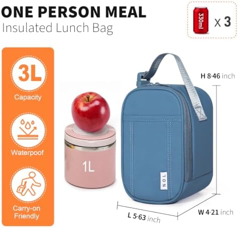 NOL Small Insulated Snack Bag Mini Freezable Cooler Pouch 3L fit 3 Cans | Wide-Mouth 6hours Cool & Warm Lightweight Leakproof Nylon Box for Work Travel (Dusty blue)
