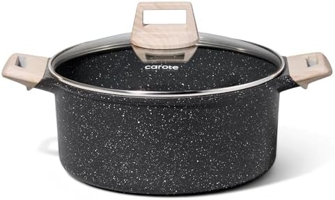 CAROTE Nonstick Stock Pot with Lid, 6 Quart Black Granite Casserole