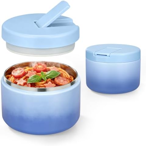Pawtong 12oz Insulated Vacuum Food Jar with Buckle Lid Wide Mouth Soup Thermo for Hot Food Kids Leakproof Stainless Steel Lunch Container (Gradient Blue, 12OZ)