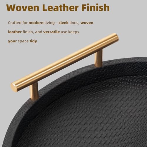 2 Piece Black Round Serving Tray with Handles, Woven-Texture Faux Leather Ottoman Tray for Living Room, Decorative Tray for Coffee Table Home Decor