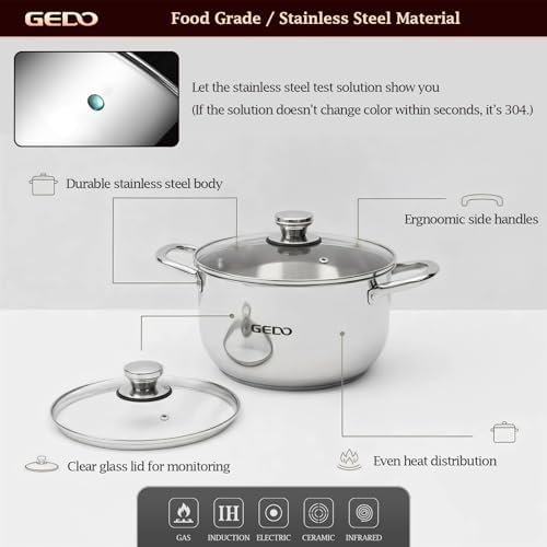GEDO Stainless Steel Stock Pot with Glass Lid, 304 Grade Premium Soup Pot, Silver, Double Handle, for Kitchen Cooking (7.07in/18cm size)