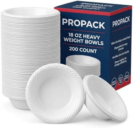 Disposable Plastic Bowls 18 oz, Heavy Duty White, 200 Count