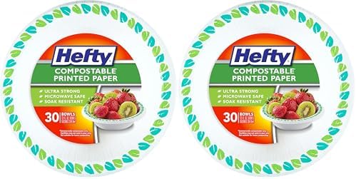 Hefty Compostable Paper Bowls, 12 oz, 30 Count, Patterned Disposable Bowls for BBQs, Parties, Holidays, and Everyday Use, Soak-Resistant, Made with Plant-Based Materials, Microwave Safe (Pack of 2)