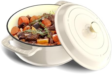 Bonnlo 6QT Round Dutch Oven, Enameled Cast Iron Dutch Oven Pot with Lid & Dual Handles, Oven Safe Up to 500° F, for Sourdough, Bread Baking, Stews and Roasting, White