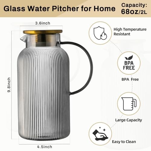 Buaic 2 PACK Glass Pitcher with Lid, 68 oz/ 2L Gray Glass Water Pitcher