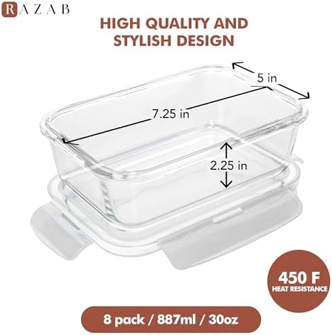 Razab 16 Pc (Set of 8) 30 Oz Glass Meal Prep Containers with Lids, Airtight Large Glass Food Storage Containers, Reusable Leak Proof BPA Free, Freezer to Oven and Dishwasher Safe