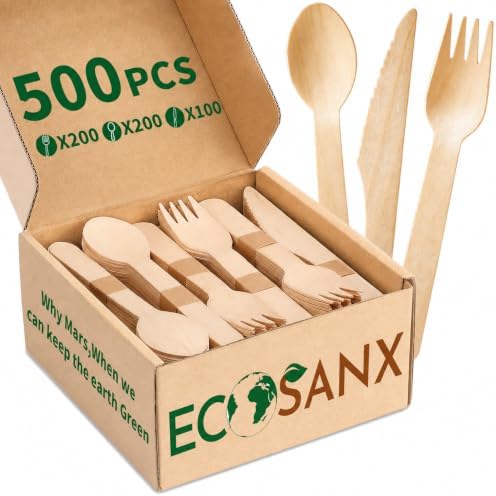 500 PCs Disposable Wooden Cutlery set, Splinter Free Compostable Utensils