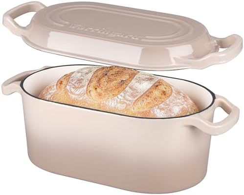 VORRINGARD Oval Dutch Oven Pot with Lid, Enamel Coating Cast Iron Bread Pans for Homemade Sourdough Bread Baking, Cooking, 4 Quart, Latte