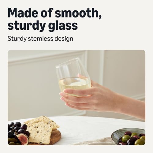 Amazon Basics Stemless White Wine Glasses Set Of 4, 14 Oz Clear Glass, Classic Design for Everyday Dining, Weddings & Parties, Dishwasher-Safe