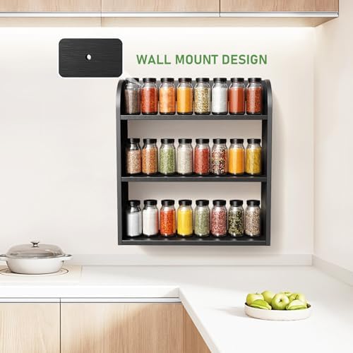 ROMGUAR CRAFT 3 Tier Bamboo Spice Rack, Countertop or Wall Mounting, Black