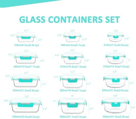 KOMUEE 24 Pieces Glass Food Storage Containers Set, Green