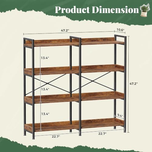 Huuger 4 Tier Bookshelf with 8 Open Shelves and Raised Baffle, Rustic Brown
