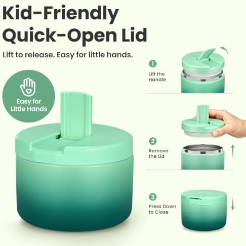 Pawtong 12oz Insulated Vacuum Food Jar with Buckle Lid Wide Mouth Soup Thermo for Hot Food Kids Leakproof Stainless Steel Lunch Container (Gradient Green, 12OZ)