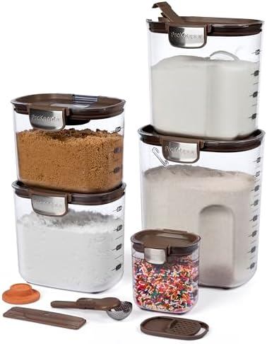 ProKeeper+ Airtight Food Storage Container Set – Clear Plastic Flour and Sugar Canister Set with Magnetic Accessories for Kitchen Organization (Brown, 9-Piece)