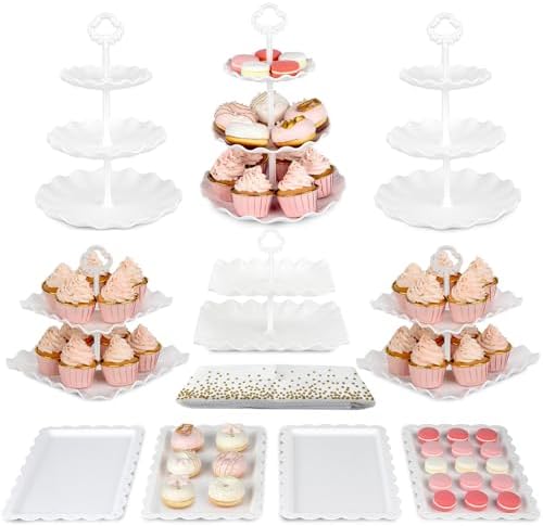 Pack of 11 NWK Cake Stand Set of Cupcake Stand, Tray & Table Cloth (White)