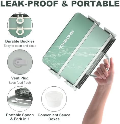 RIKDOKEN Lunch Box, Stackable 2 Layers Containers, Portable 64OZ Large Capacity Leakproof Bento Box with Spoon & Fork & Sauce Boxes, Microwave Safe Lunch Box for Kids and Adults