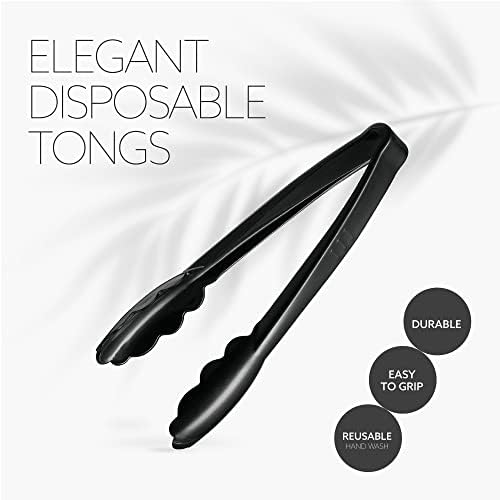 [Black Tongs 9'' Inches] Plasticpro 9'' Serving Tongs Heavy Duty Reusable Kitchen and BBQ Black Serving Tong for party's, Caterings, Events, Buffet, Weddings, And every Day use Pack of 12