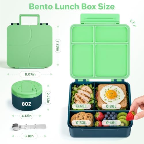 Bento Lunch Box for Kids with 8oz Soup Thermo,Kids Leakproof Lunch Food Containers with 4 Compartment,Kid Insulated Thermo Hot Food Jar for School,Trvael-Green