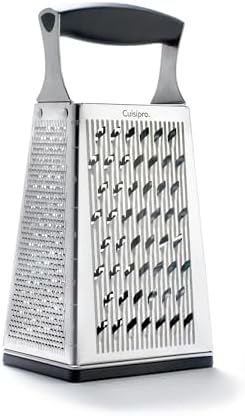 Cuisipro Stainless Steel Cheese Grater with Handle, 4 Sided Box Grater for Kitchen, Ginger Grater Dishwasher Safe, Fruit and Vegetables Slicer, Cheese Shredder for Potato, Chocolate, Parmesan, Ginger