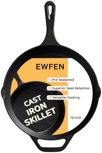 EWFEN Cast Iron Skillet 10 Inch, Pre-Seasoned Frying Pan, Heavy-Duty Professional Restaurant Chef Quality Cookware with Drip Spout, Indoor & Outdoor Use, Compatible with Oven, Stove, Grill & Campfire