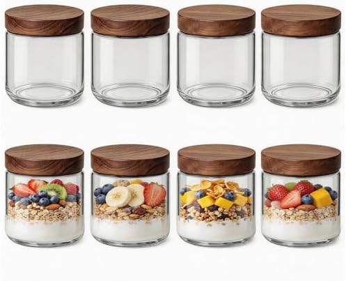 10oz 8 Pack Glass Mason Jars Overnight Oats Containers with Acacia Wood Lid