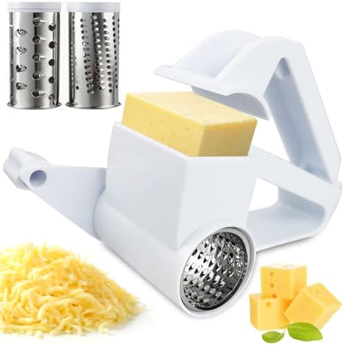 Rotary Cheese Grater with Handle, Handheld Cheese Grater with 2 Stainless Steel Drums for Cheese Nuts Chocolates Vegetables, Includes Extra Handle