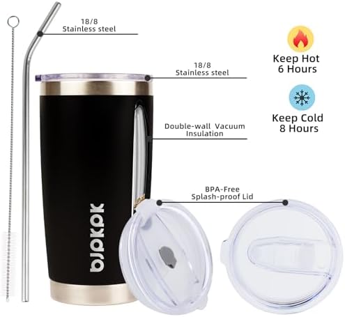 BJPKPK 20 oz Coffee Tumbler with Lid, Straw, Insulated Stainless Steel Mug