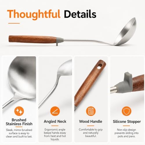 WANGYUANJI 14.2 Inch Stainless Steel Soup Ladle, Deep Wok Ladle Spoon with Wooden Handle and Pot-Rim Stopper, Long Handle Serving Scoop for Soup, Hot Pot, Stew and Chili