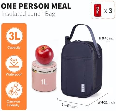 NOL Small Insulated Snack Bag Mini Freezable Cooler Pouch 3L fit 3 Cans | Wide-Mouth 6hours Cool & Warm Lightweight Leakproof Nylon Box for Work Travel Navy blue