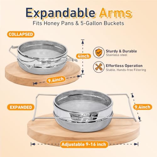 BeeCastle Double Sieve Honey Strainer, Stainless Steel Honey Strainer Honey Filter Honey Extractor Equipment for 5 Gallon Bucket, Honey Harvesting Tool for Beekeeping