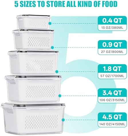 HOMETALL 5 Pack Fruit Storage Containers for Fridge Set, Fruit Washing Bowl with Strainer, Reusable Fridge Organizers and Storage for Berry Salad Lettuce, Size 4.5, 3.4, 1.8, 0.9, 0.4QT