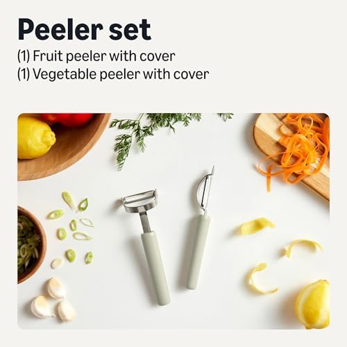 Amazon Basics Vegetable and Potato Peelers with Ultra-Sharp Stainless Steel Swivel Blades, Non-Slip Soft-Touch Handle, Protective Covers, 2-Piece Set, Dishwasher-Safe, Linen Gray