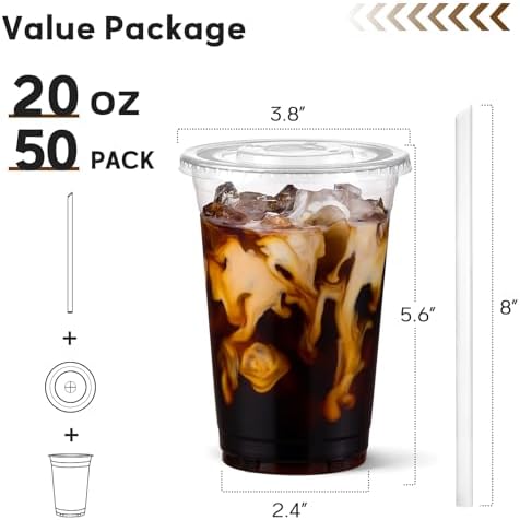 AOZITA 20 oz Plastic Cups with Lids and Straws, 50 Pack, Disposable Iced Coffee Cups with Lids for Cold Drinks, Iced Tea, Milkshakes, Smoothies - Durable & BPA Free