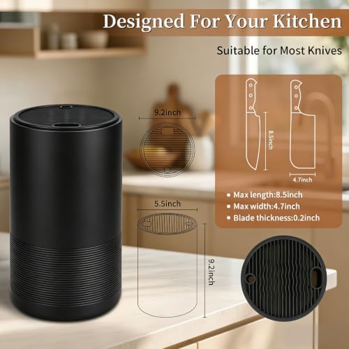 Universal Knife Block Without Knives,Sandstone Look,Round Knife Holder with Slots for Scissors & Sharpening Rod,Safe Space Saver Knife Storage Stand,Detachable Knife Organizer- Matte Balck