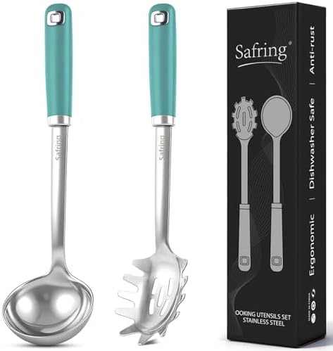 Safring Stainless Steel Soup Ladle and Spaghetti Spoon Set, Heat Resistant Rubber Handle, Dishwasher Safe, Kitchen Utensils for Cooking, Stirring, Serving Pasta, Soup & Sauce (Aqua Sky)