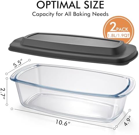 HOTEC 2-Pack Large 7.6 Cups/1800 ML/1.9 Qt Glass Loaf Pan