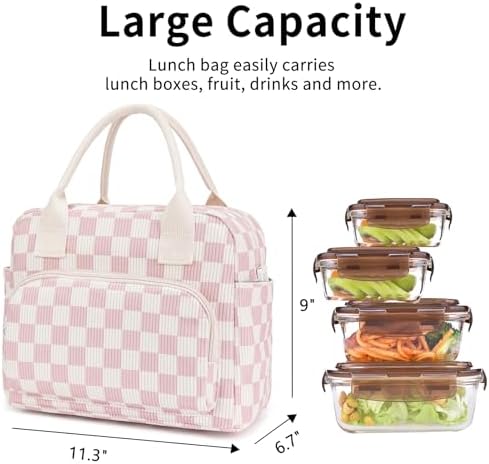 Lunch Bag Women Lunch Box for Women Adult Cute Insulated Lunch Bag Lager Cooler Lunch Tote Bags for Work Picnic (Beige-Pink Plaid)