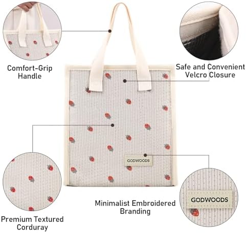 TELLUMO Corduroy Insulated Lunch Bag, 7.75L Large Capacity Reusable Lunch Box, Cute Lunch Tote for Women Men, Leakproof Lunch Cooler for Work Picnic Travel (Corduroy Strawberry)