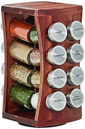 Kamenstein 16 Jar Hourglass Revolving Countertop Spice Rack with Spices Included, FREE Spice Refills for 5 years, Acacia with Stainless Steel Caps