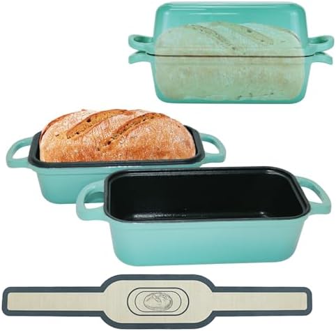 Blisswave Cast Iron Bread Pan with Lid - 2-in-1 Dual Set, Includes 2 Bread Mats - Bread Baking Pan for Homemade Bread, Cakes, Patties - Even Heating - 2-Piece Set (Lake Blue)