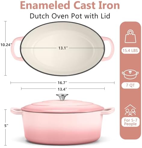 TeamFar 7QT Oval Dutch Oven, Enameled Cast Iron Dutch Oven Pot with Lid